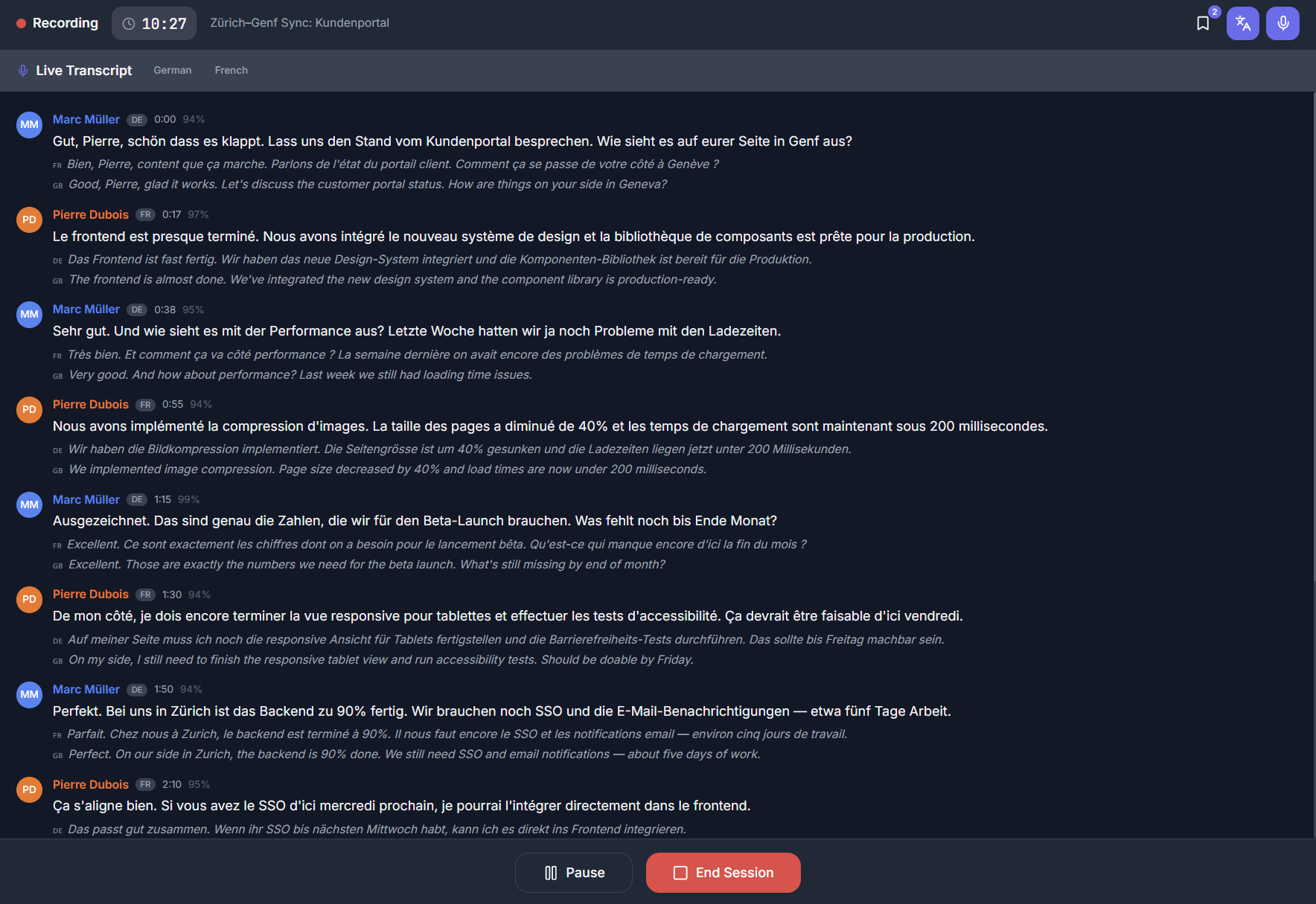 Suisse Notes Dashboard – Live-Transkription mit Sprechererkennung und Echtzeit-Übersetzung